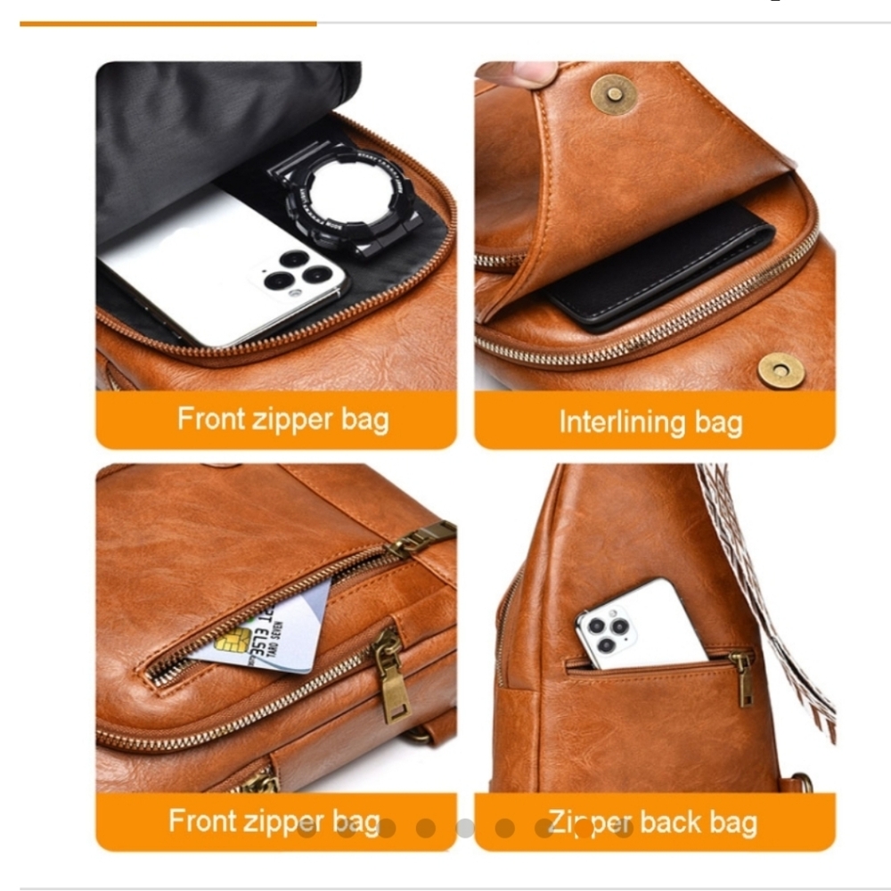 Brown Pleather Sling Bag Multi Pockets 12x8x2.5 New - Picture 8 of 9